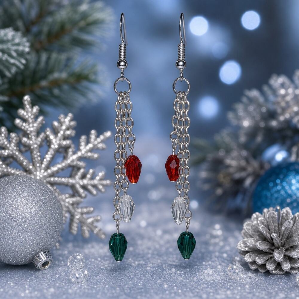 Handmade Holiday Light Teardrop Glass Tier Chain Earrings: Festive #C20